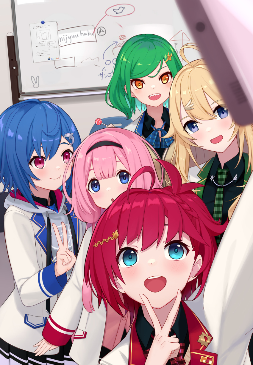 5girls ahoge asahina_akane_(nijisanji) billboard blonde_hair blue_hair commentary_request green_hair hair_ornament headband highres jacket kitakouji_hisui multiple_girls nijisanji nijyuuhaku nishizono_chigusa open_mouth pink_hair red_hair school_uniform self_shot suou_sango toudou_kohaku v virtual_youtuber