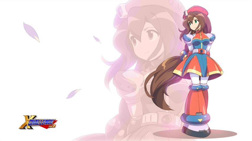 1girl android beret breasts brown_hair cherry_blossoms dress gloves green_eyes hair_between_eyes hat highres iris_(rockman_x) long_hair low-tied_long_hair medium_breasts mizuno_keisuke official_art ponytail rockman rockman_x rockman_x4 smile solo third-party_source very_long_hair wallpaper white_gloves