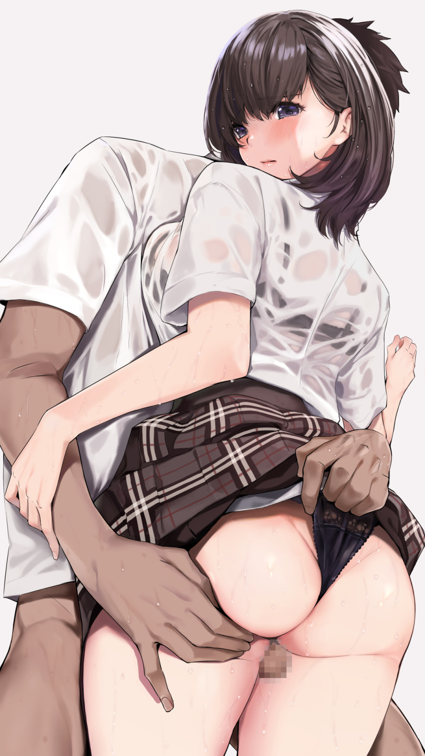 1boy 1girl ass ass_grab bangs black_bra black_hair black_panties blue_eyes blush bottomless bra breast_press brown_skirt censored dark_skin dark_skinned_male eyebrows_visible_through_hair hetero highres looking_back medium_hair mosaic_censoring open_mouth original panties penis see-through shirt shirt_tucked_in short_sleeves simple_background skirt skirt_lift standing thigh_sex underwear wedgie white_background white_shirt yamaishi_(mukoubuti)