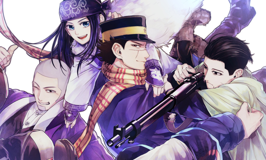 1girl 3boys absurdres ainu ainu_clothes arisaka asirpa black_eyes black_hair black_headwear black_vest blue_eyes blue_jacket blue_pants bolt_action buzz_cut cape carrying_over_shoulder cloak closed_mouth facial_hair fur_cape goatee golden_kamuy grey_hair grin gun hair_slicked_back hand_up hat highres holding holding_gun holding_weapon imperial_japanese_army jacket kepi long_hair long_sleeves looking_at_viewer looking_away military_hat multiple_boys ogata_hyakunosuke one_eye_closed open_mouth pants profile purple_bandana purple_jacket rifle scar scar_on_face scarf shiraishi_yoshitake shirt short_hair sideways_glance simple_background smile sugimoto_saichi thumbs_up upper_body very_short_hair vest weapon white_background white_cloak white_shirt yellow_scarf yuu_(isis7796)