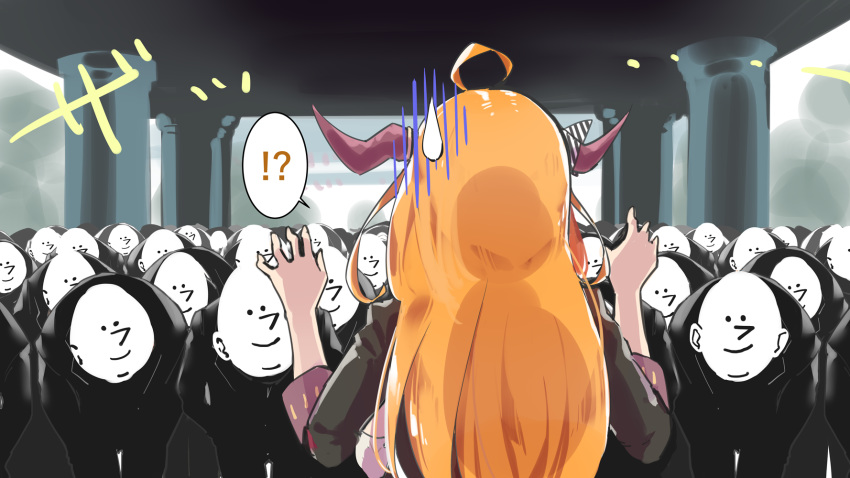 !? 1girl ahoge black_jacket black_pants black_suit bow bowing bowtie collared_shirt commentary_request dragon_girl dragon_horns emoticon formal from_behind hands_up highres hololive horns jacket kiryuu_coco long_hair long_sleeves looking_at_another multiple_boys orange_hair outdoors pants shirt striped striped_bow sweatdrop virtual_youtuber white_shirt yuyaiyaui