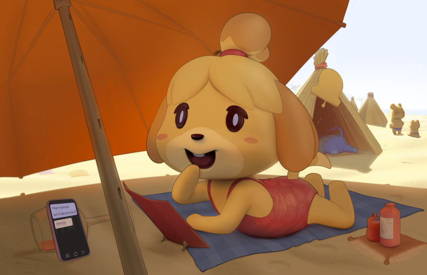 animal_crossing anthro beach beach_blanket canid canine canis clothing domestic_dog felyn female fur hair hi_res isabelle_(animal_crossing) looking_at_viewer lying mammal nintendo on_front open_mouth outside phone seaside shih_tzu smile solo sunscreen swimwear teeth tongue toy_dog umbrella video_games yellow_body yellow_fur