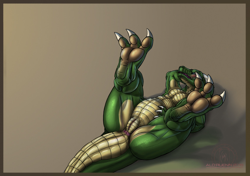2018 3_toes ald'ruenn animal_genitalia anus belly blue_eyes blush butt claws digital_drawing_(artwork) digital_media_(artwork) digitigrade dragon feet genital_slit green_scales hand_on_stomach hi_res horn lizard lying male nude on_back open_mouth reptile scales scalie signature simple_background slit solo spread_legs spreading teeth toe_claws toes