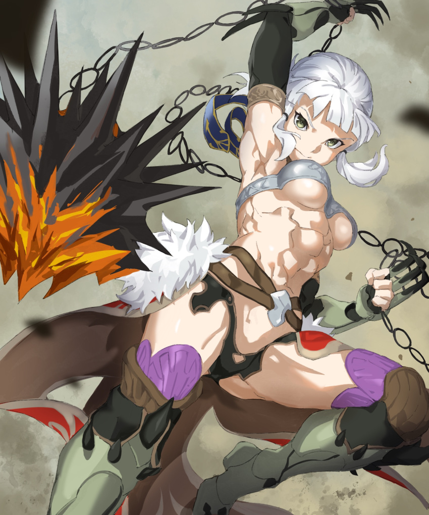 1girl abs arm_up armpits bangs belt black_gloves black_panties blue_ribbon breasts bright_pupils brown_belt chain claw_(weapon) clenched_hands closed_mouth elbow_gloves fate/grand_order fate_(series) fingerless_gloves flail fur_trim gloves green_eyes green_pupils hair_ribbon highres holding holding_weapon looking_at_viewer medium_breasts morning_star muscular muscular_female navel over-kneehighs panties penthesilea_(fate/grand_order) pretty-purin720 ribbon short_hair showgirl_skirt sidelocks silver_hair solo spikes thighhighs thighs underboob underwear v-shaped_eyebrows weapon