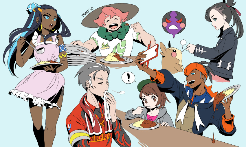 3boys 3girls apron armlet beige_headwear bike_shorts black_hair black_hoodie black_jacket blue_eyes blue_hair bob_cut brown_eyes brown_hair cardigan closed_eyes collared_shirt commentary curry dark_skin dark_skinned_female dark_skinned_male earrings eating feeding food freckles gen_4_pokemon gen_8_pokemon gloria_(pokemon) green_eyes green_headwear grey_cardigan gym_leader hair_bun hair_ribbon hat highres holding holding_ladle hood hooded_cardigan hoodie hoop_earrings jacket jewelry kabu_(pokemon) knees ladle long_hair marnie_(pokemon) milo_(pokemon) morpeko morpeko_(full) morpeko_(hangry) multicolored_hair multiple_boys multiple_girls necklace nessa_(pokemon) open_mouth pikat pink_apron pink_hair plate pokemon pokemon_(creature) pokemon_(game) pokemon_swsh raihan_(pokemon) red_ribbon ribbon rice rotom rotom_phone shirt short_hair short_sleeves smile spilling sun_hat tam_o'_shanter teeth tongue towel towel_around_neck two-tone_hair wiping_mouth