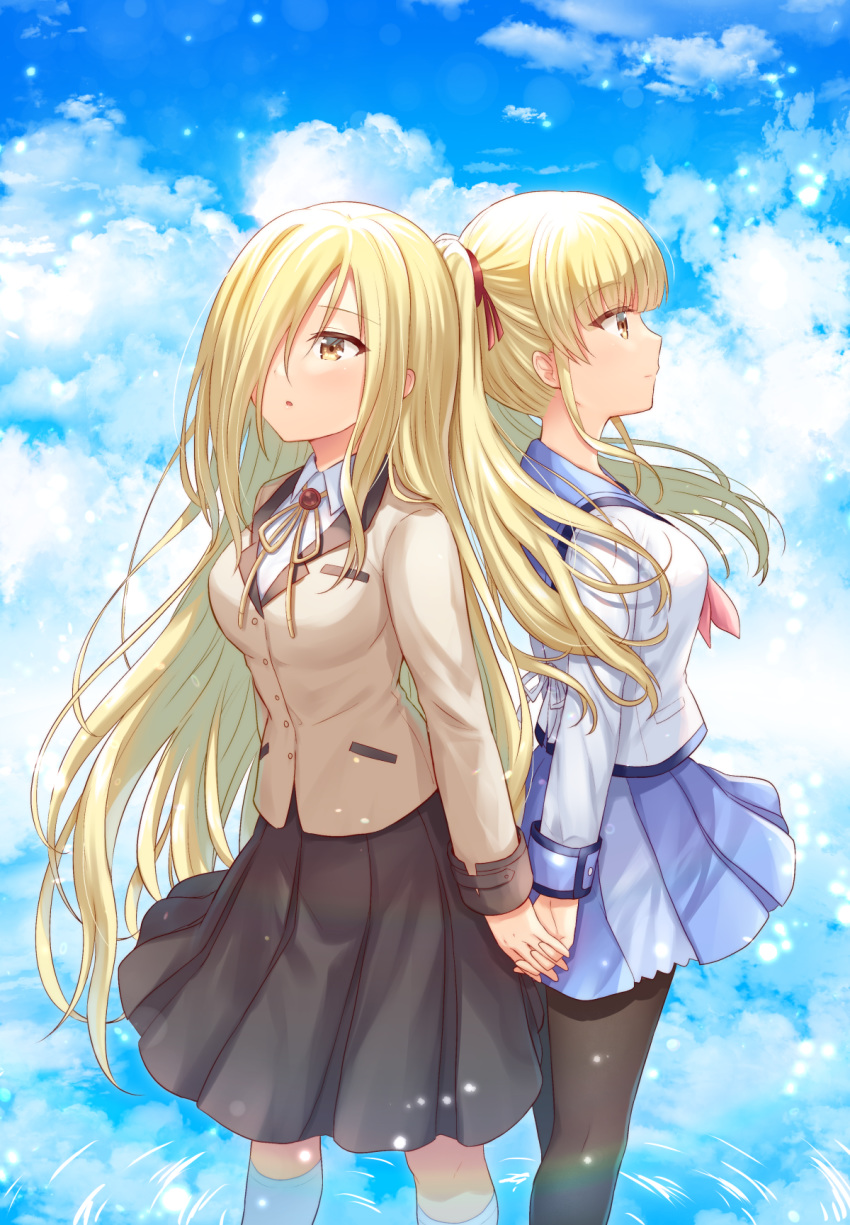 :o angel_beats! back-to-back bangs black_legwear black_skirt blazer blonde_hair blue_sailor_collar blue_skirt blue_sky blush breasts brown_eyes brown_jacket character_request closed_mouth cloud cloudy_sky collared_shirt commentary_request day eyebrows_visible_through_hair hair_over_one_eye highres holding_hands interlocked_fingers jacket kneehighs looking_away medium_breasts nakamura_hinato neck_ribbon neckerchief outdoors pantyhose parted_lips pink_neckwear pleated_skirt ribbon sailor_collar school_uniform serafuku shirt skirt sky twintails white_legwear white_shirt yellow_ribbon yusa_(angel_beats!)