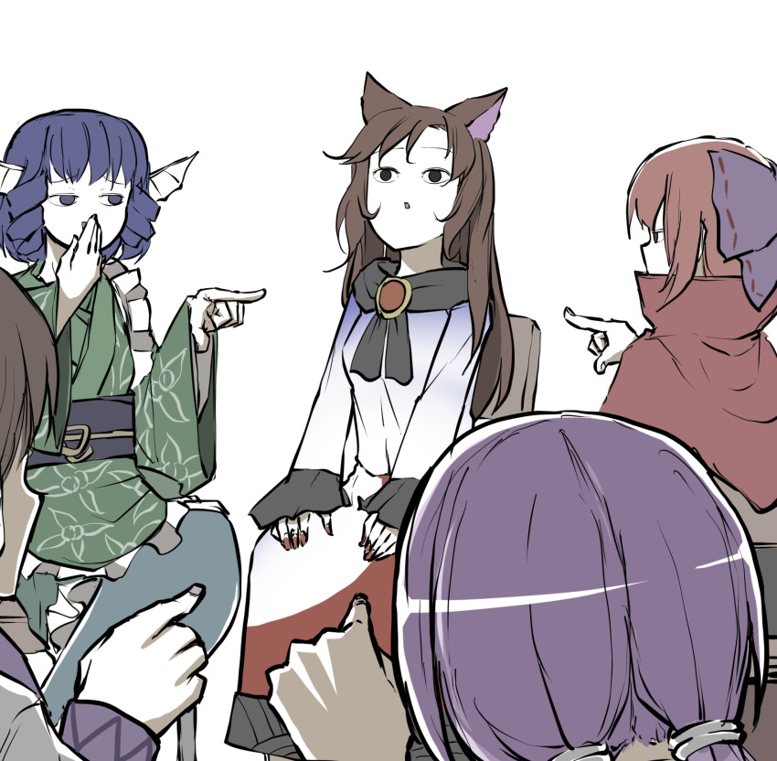 &lt;o&gt;_&lt;o&gt; 5girls animal_ears bangs black_eyes blue_bow blue_eyes blue_hair bow brooch brown_hair chair cloak dress drill_locks frilled_kimono frills green_kimono hair_bow hand_to_own_mouth hands_on_own_knees highres imaizumi_kagerou japanese_clothes jewelry kimono long_hair long_sleeves multiple_girls open_mouth peroponesosu. pointing_at_another purple_hair red_hair red_nails sash sekibanki short_hair simple_background sitting tied_hair touhou tsukumo_benben tsukumo_yatsuhashi wakasagihime werewolves_of_millers_hollow white_background white_dress wolf_ears