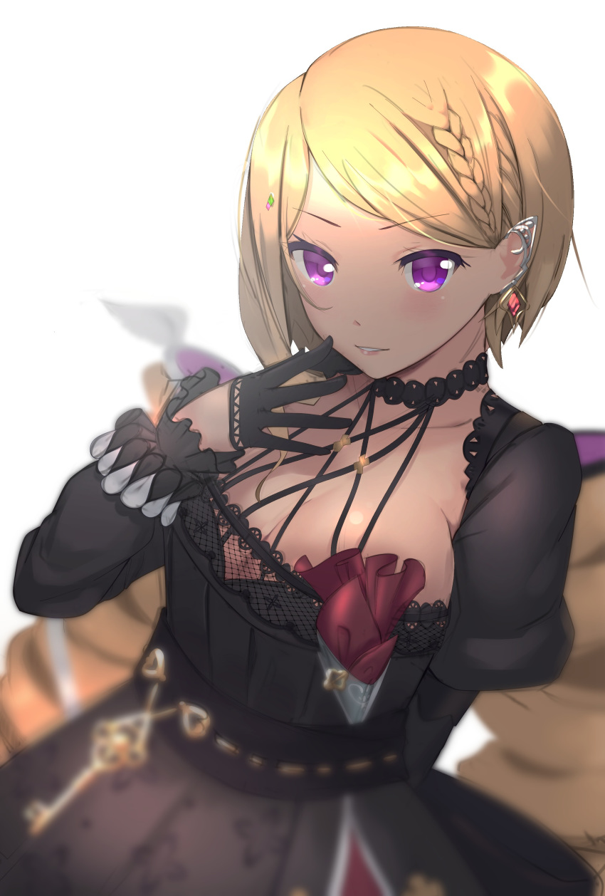 1girl absurdres aki_rosenthal black_choker black_dress black_gloves blonde_hair braid breasts choker cleavage detached_hair dress gloves gothic_lolita hair_behind_ear hand_to_own_mouth highres hololive key large_breasts lolita_fashion looking_at_viewer mechjunk official_alternate_costume parted_lips purple_eyes solo symbol_commentary v-shaped_eyebrows virtual_youtuber white_background
