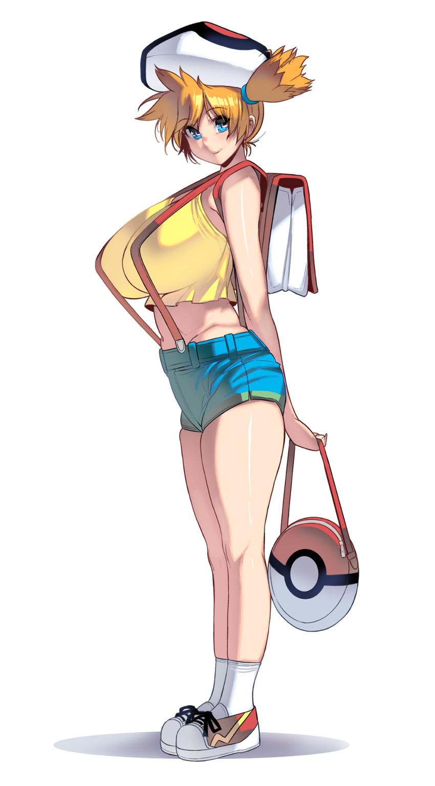 1girl alternate_breast_size arms_behind_back backpack bag bangs bare_arms bare_legs blue_eyes breasts closed_mouth commentary_request cropped_shirt denim denim_shorts full_body gym_leader highres holding huge_breasts impossible_clothes looking_at_viewer masao medium_hair misty_(pokemon) object_on_head orange_hair parted_bangs pokemon pokemon_(anime) pokemon_(classic_anime) randoseru shiny shiny_skin shirt shoes short_shorts shorts side_ponytail simple_background sleeveless sleeveless_shirt smile socks solo stomach white_background