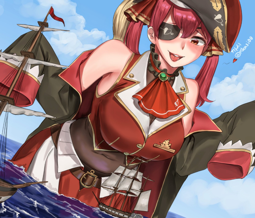 arrow_through_heart artist_name ascot bangs belt belt_buckle black_choker black_coat black_eyepatch blush breasts buckle buttons choker cloud coat covered_navel crop_top embroidery english_commentary eyepatch frilled_choker frills giant giantess gold_trim hair_ribbon hat hololive houshou_marine jacket kkasi00 large_breasts leather_belt long_sleeves ocean open_mouth pirate_costume pirate_hat red_eyes red_hair red_jacket red_neckwear red_ribbon red_skirt ribbon sail ship skirt sky sleeveless twintails two-tone_skirt w_arms water watercraft white_skirt