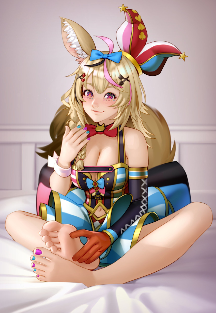 1girl absurdres animal_ear_fluff animal_ears bangs bare_legs bare_shoulders barefoot bed_sheet blonde_hair blue_bow bow bowtie braid breasts butterfly_sitting commentary feet fox_ears fox_girl fox_tail full_body gloves hair_bow hair_ornament hairclip hat heart heart-shaped_pupils highres hololive indoors jester_cap kairunoburogu large_breasts long_hair looking_at_viewer multicolored multicolored_nails nail_polish navel omaru_polka playing_card_theme purple_eyes red_bow red_neckwear side_braid single_braid single_glove sitting smile soles solo symbol-shaped_pupils tail toenail_polish toes virtual_youtuber wrist_cuffs x_hair_ornament