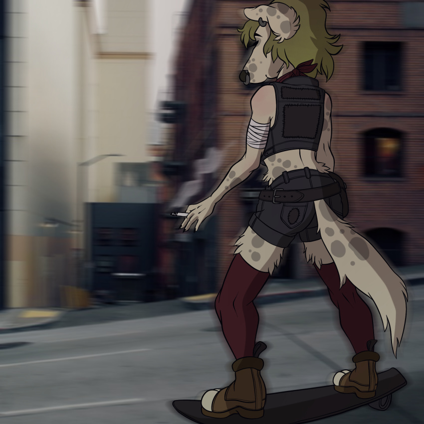 1:1 anthro boots borzoi canid canine canis cigarette city clothing domestic_dog ear_piercing ear_ring facial_piercing female footwear hi_res hunting_dog legwear longboard mammal nooks nose_piercing piercing septum_piercing sighthound skateboard slice_of_life solo street thigh_highs