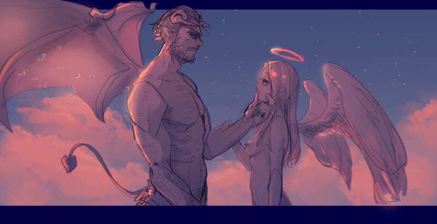 1boy 1girl angel angel_and_devil angel_wings arm_hair beard breasts chest_hair cloud collarbone demon_boy demon_horns demon_tail demon_wings facial_hair from_side halo hand_on_another's_chin height_difference highres horns long_hair medium_breasts nipples nude original pointy_ears popopoka short_hair sketch symbol_commentary tail torn_wings wings