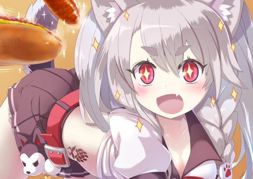 +_+ 1girl :d animal_ear_fluff animal_ears azur_lane bangs belt belt_buckle black_skirt blush braid breasts buckle cleavage collarbone commentary_request crop_top eyebrows_visible_through_hair fang food grey_hair hair_between_eyes highres hot_dog hot_dog_bun ketchup krono_tokage long_hair looking_at_viewer medium_breasts miniskirt mustard open_mouth oppai_loli pleated_skirt puffy_sleeves red_belt red_eyes sausage short_eyebrows short_sleeves side_braid skirt smile solo sparkle steam symbol-shaped_pupils tail tattoo thick_eyebrows wolf_ears wolf_girl wolf_tail yuudachi_(azur_lane)