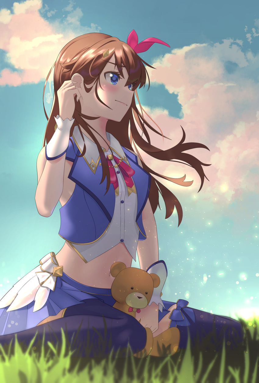 1girl absurdres bangs blue_eyes blue_skirt bow brown_hair cloud hair_behind_ear hair_bow highres hololive idol looking_up mechjunk navel pink_bow sitting skirt smile solo stuffed_animal stuffed_toy symbol_commentary teddy_bear thighhighs tokino_sora wariza wrist_cuffs