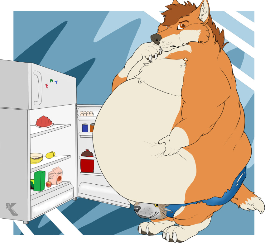 anthro belly bulge canid canine chubby_male clothing fox fridge male mammal obese obese_anthro obese_male overweight overweight_anthro overweight_male pumex solo underwear