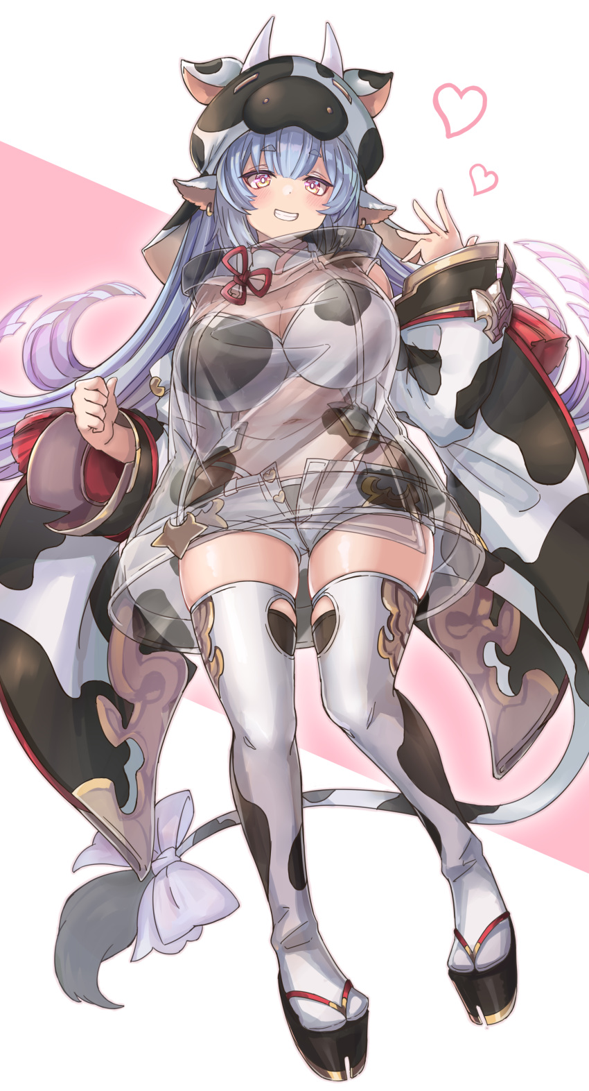 1girl absurdres animal_ears animal_print black_legwear blunt_ends breasts bright_pupils cleavage cow_ears cow_hat cow_print cow_tail earrings granblue_fantasy grin highleg highleg_panties highres hinoaki5 hoof_shoes huge_breasts jewelry long_hair looking_at_viewer open_clothes open_shorts panties partially_unzipped pink_eyes platform_footwear sandals see-through_jacket shatola_(granblue_fantasy) short_shorts shorts simple_background skindentation smile solo tabi tail tassel thighhighs thighs underwear very_long_hair white_legwear white_pupils