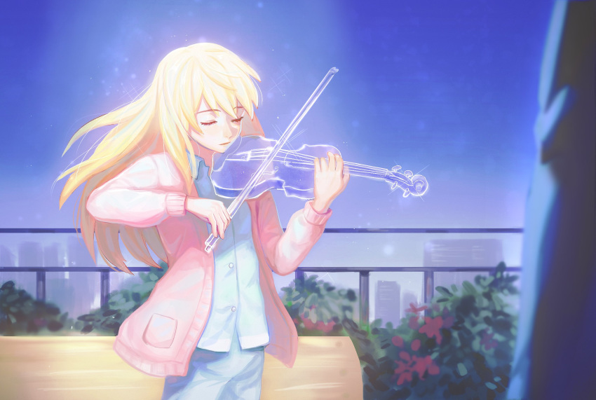 1girl akiko_141 bangs blonde_hair blue_skirt cardigan closed_eyes closed_mouth collared_shirt commentary day dress_shirt highres holding holding_instrument instrument long_hair long_sleeves miyazono_kawori music necktie open_cardigan open_clothes outdoors pink_cardigan playing_instrument railing shigatsu_wa_kimi_no_uso shirt skirt solo violin