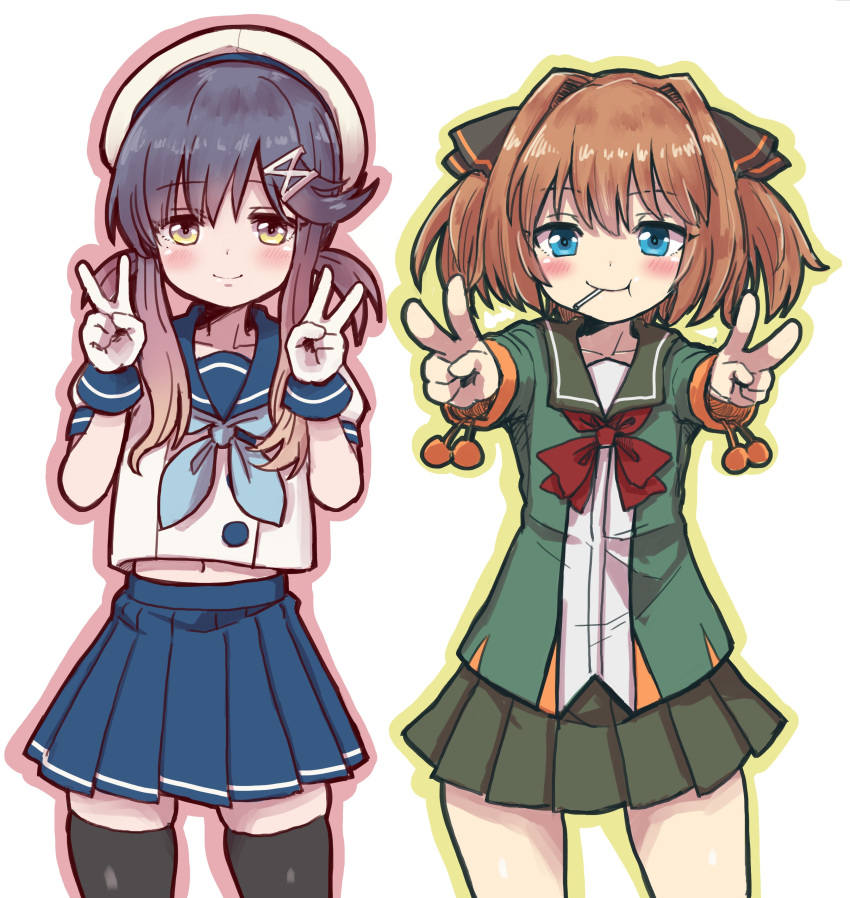 2girls absurdres aqua_neckwear bangs black_legwear blue_eyes blue_skirt brown_hair candy double_v food gloves gradient_hair green_jacket green_skirt hachijou_(kantai_collection) hair_ornament hair_ribbon hat highres jacket kantai_collection lollipop long_sleeves mouth_hold multicolored_hair multiple_girls neckerchief outline pleated_skirt pom_pom_(clothes) purple_hair red_neckwear ribbon sailor_collar school_uniform serafuku short_sleeves sidelocks simple_background skirt smile thighhighs tsushima_(kantai_collection) unagiman v white_background white_gloves white_headwear yellow_eyes