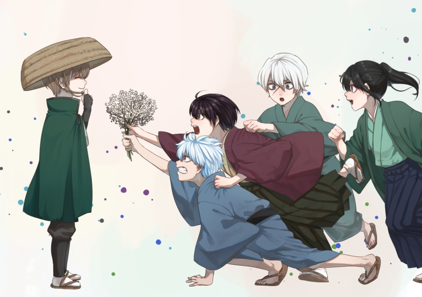 :d ahoge bangs black_hair black_hakama blue_eyes blue_hair blue_hakama blue_kimono brown_background brown_footwear brown_headwear brown_kimono cape character_request clenched_teeth closed_eyes closed_mouth commentary_request eyebrows_behind_hair flower gintama gradient gradient_background green_cape green_kimono grey_background hair_between_eyes hakama holding holding_flower japanese_clothes kimono long_sleeves nikuhen open_clothes open_mouth ponytail profile red_eyes sakata_gintoki smile socks tabi teeth white_flower white_hair white_legwear wide_sleeves zouri