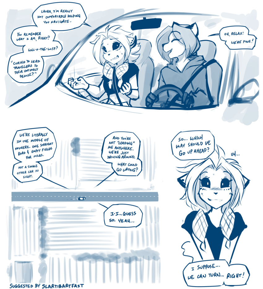 anthro blue_and_white canid canine car clothing comic conditional_dnp dialogue driving duo english_text female fox hi_res hoodie keidran laura_(twokinds) mammal monochrome nervous nervous_smile road sketch smile text tom_fischbach topwear twokinds vehicle webcomic willow_wisp