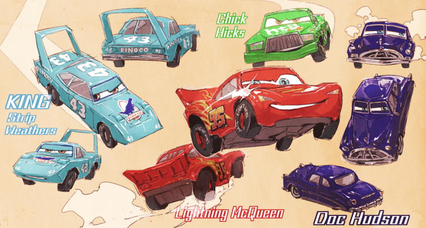 aqua_eyes aqua_skin car cars_(movie) character_name chick_hicks clenched_teeth colored_skin commentary_request decal doc_hudson green_skin grin ground_vehicle half-closed_eyes kan_(punsukapun) lightning_mcqueen logo looking_at_viewer motor_vehicle multiple_views no_humans number orange_eyes purple_skin red_skin smile sticker strip_weathers teeth tire wheel yellow_eyes