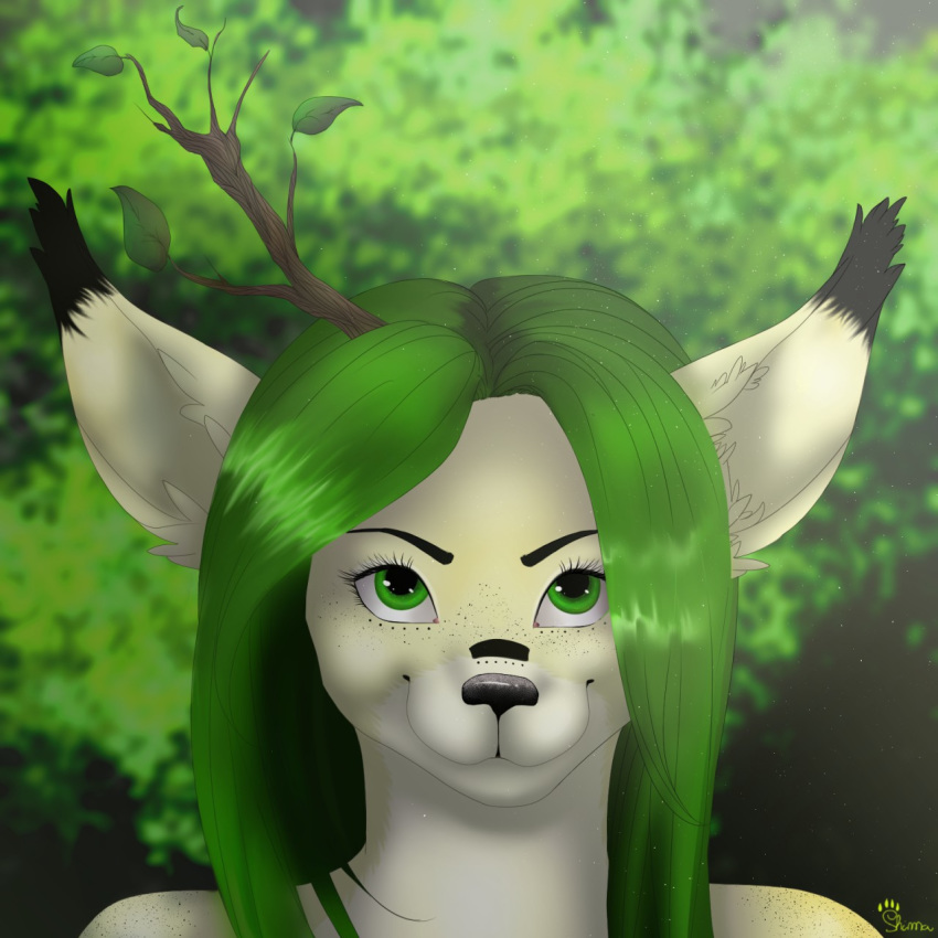 1:1 anthro cervid cute_face danny female forest green_hair hair hi_res mammal plant shima_laqi smile solo tree