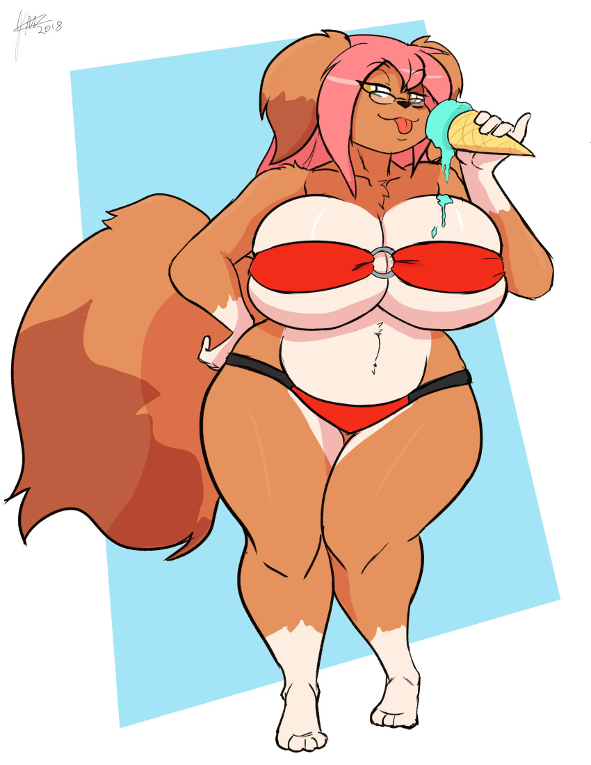 2018 absurd_res anthro big_breasts bikini breasts brown_body brown_fur canid canine canis clothing curvy_figure dessert domestic_dog eyewear female food fur glasses hair hi_res huge_breasts ice_cream jwinkz mammal maty multicolored_body multicolored_fur pink_hair signature solo swimwear thick_thighs tongue tongue_out two_tone_body two_tone_fur voluptuous white_body white_fur wide_hips