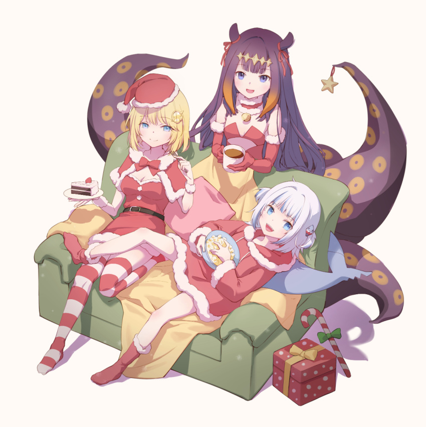 3girls alternate_costume belt blanket blonde_hair blue_eyes breasts cake cake_slice candy candy_cane cleavage couch cup fish_tail flat_chest food fork gawr_gura gift hat highres hololive hololive_english hot_chocolate kirahana0715 long_hair looking_at_viewer lying medium_breasts mug multicolored_hair multiple_girls ninomae_ina'nis ornament plate popcorn purple_hair santa_costume santa_hat shark_tail short_hair sidelocks simple_background sitting smile star_(symbol) streaked_hair striped striped_legwear tail tentacle_hair tentacles thighhighs two_side_up very_long_hair virtual_youtuber watson_amelia white_background white_hair