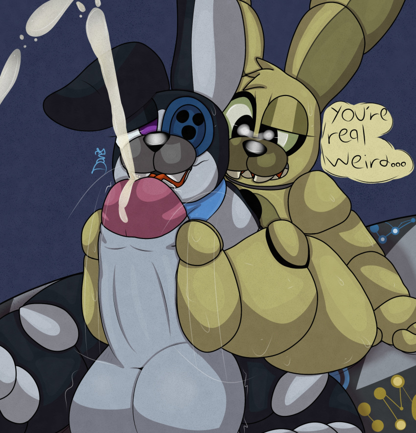 3_toes animatronic anthro balls big_balls big_penis bodily_fluids button_eyes canid canine canis cum domestic_dog duo ejaculation eyelashes fan_character feet five_nights_at_freddy's five_nights_at_freddy's_4 foot_fetish foot_play footjob genital_fluids genitals hi_res humanoid_genitalia humanoid_penis lagomorph leporid machine male male/male mammal open_mouth penis plushie plushtrap_(fnaf) plushtrapboyuwu purple_eyes rabbit robot sex sharp_teeth speech_bubble sweat sweaty_feet sweaty_legs sweaty_thighs teeth text thick_thighs toes video_games
