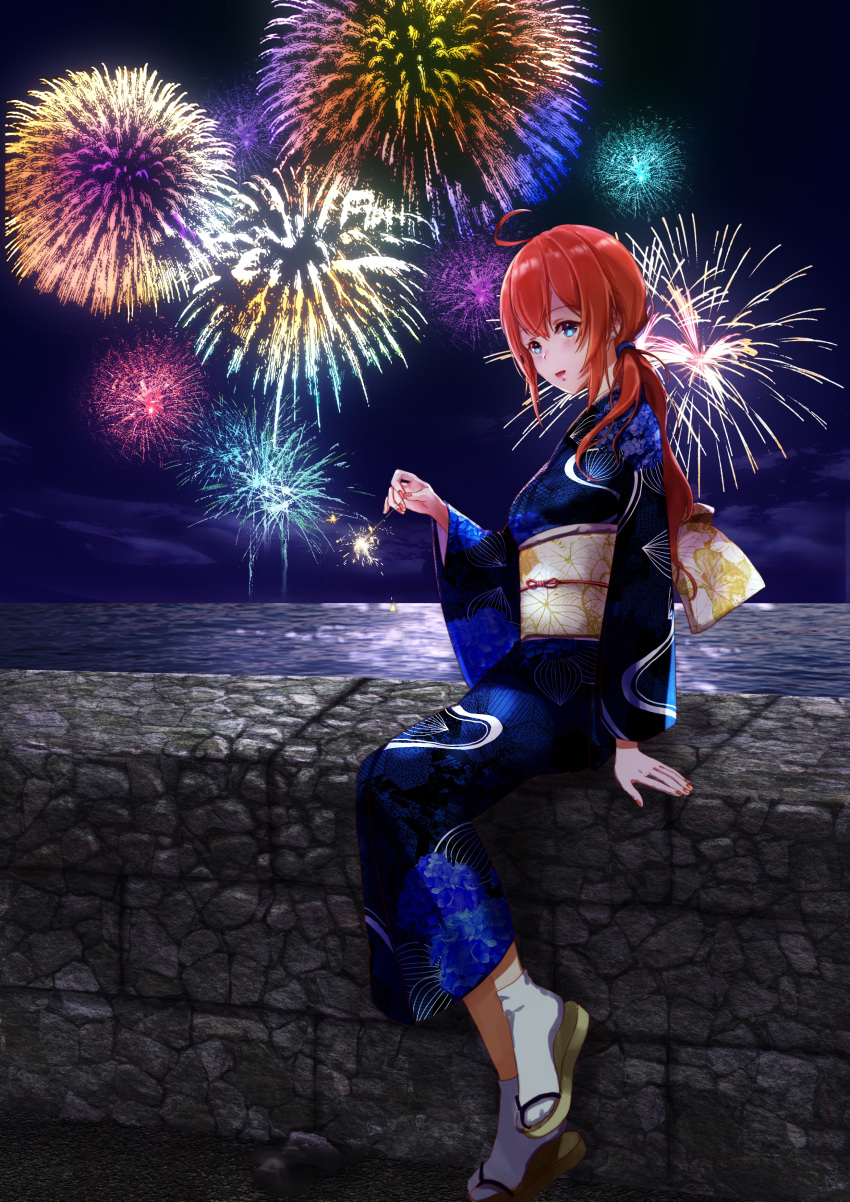 1girl absurdres ahoge alternate_costume alternate_hairstyle arm_support blue_eyes blue_kimono character_request check_character chinese_commentary cloud cloudy_sky cobblestone commentary_request fingernails fireworks full_body highres japanese_clothes kimono light_reflection_(water) low_ponytail moss n.s.egg nail_polish night obi ocean on_wall parted_lips red_hair red_nails sandals sash senkou_hanabi sidelocks sitting sky solo sparkler stone_wall tabi u-35_(warship_girls_r) wall warship_girls_r yukata
