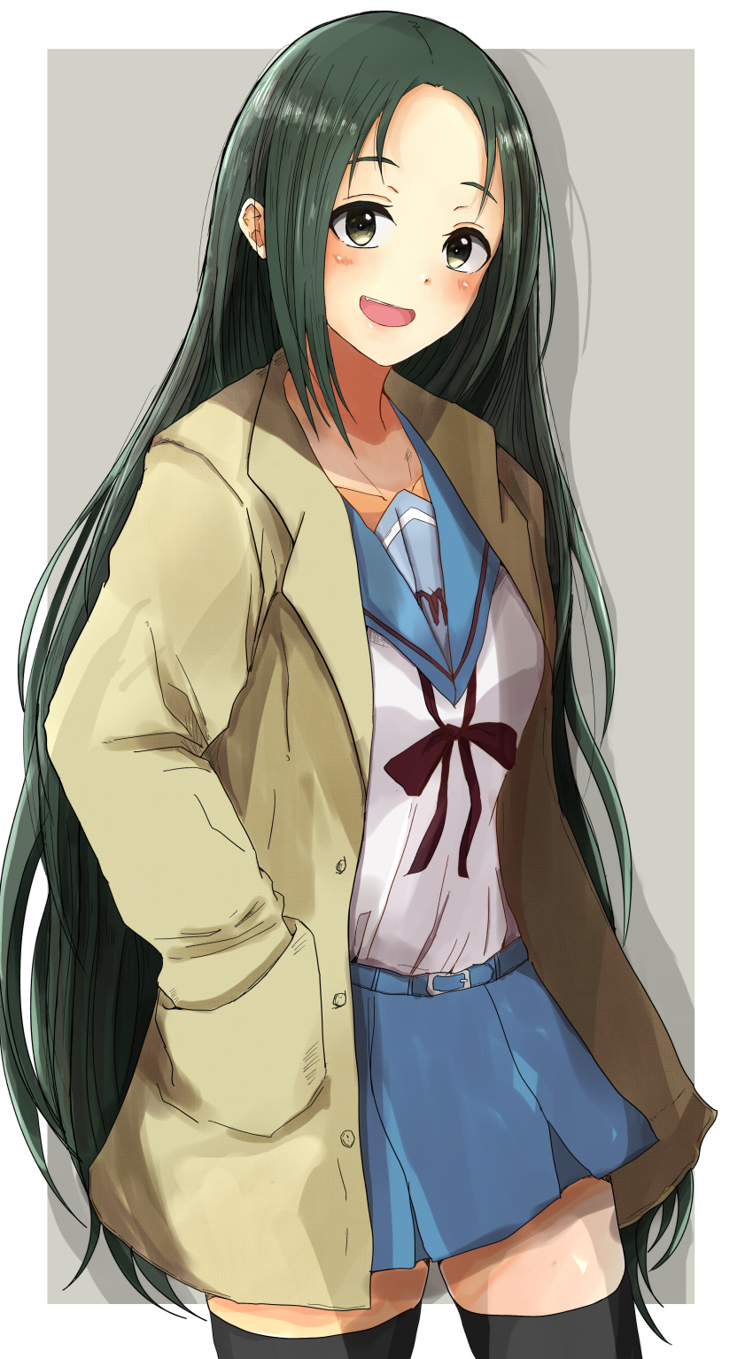 1girl :d absurdres bangs belt black_legwear blue_sailor_collar blue_skirt blush border brown_coat brown_eyes buttons coat commentary cowboy_shot drop_shadow fang green_hair grey_background hand_in_pocket highres kita_high_school_uniform long_hair long_sleeves looking_at_viewer mebunryo_(mebunryo2) open_clothes open_coat open_mouth outside_border sailor_collar school_uniform shirt shirt_tucked_in simple_background skirt smile solo standing suzumiya_haruhi_no_yuuutsu thighhighs tsuruya upper_teeth very_long_hair white_border white_shirt