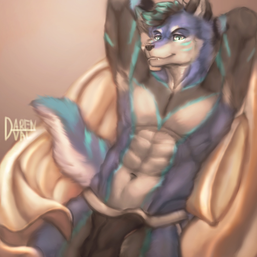 abs absurd_res anthro barely_visible_genitalia bed biceps bulge canid canine canis clothed clothing daren_val erection flirting flirting_look fur furniture genitals grin hi_res jockstrap leaning leaning_back male mammal muscular muscular_anthro muscular_male pecs penis phantom_wuff smile solo solo_focus underwear wolf