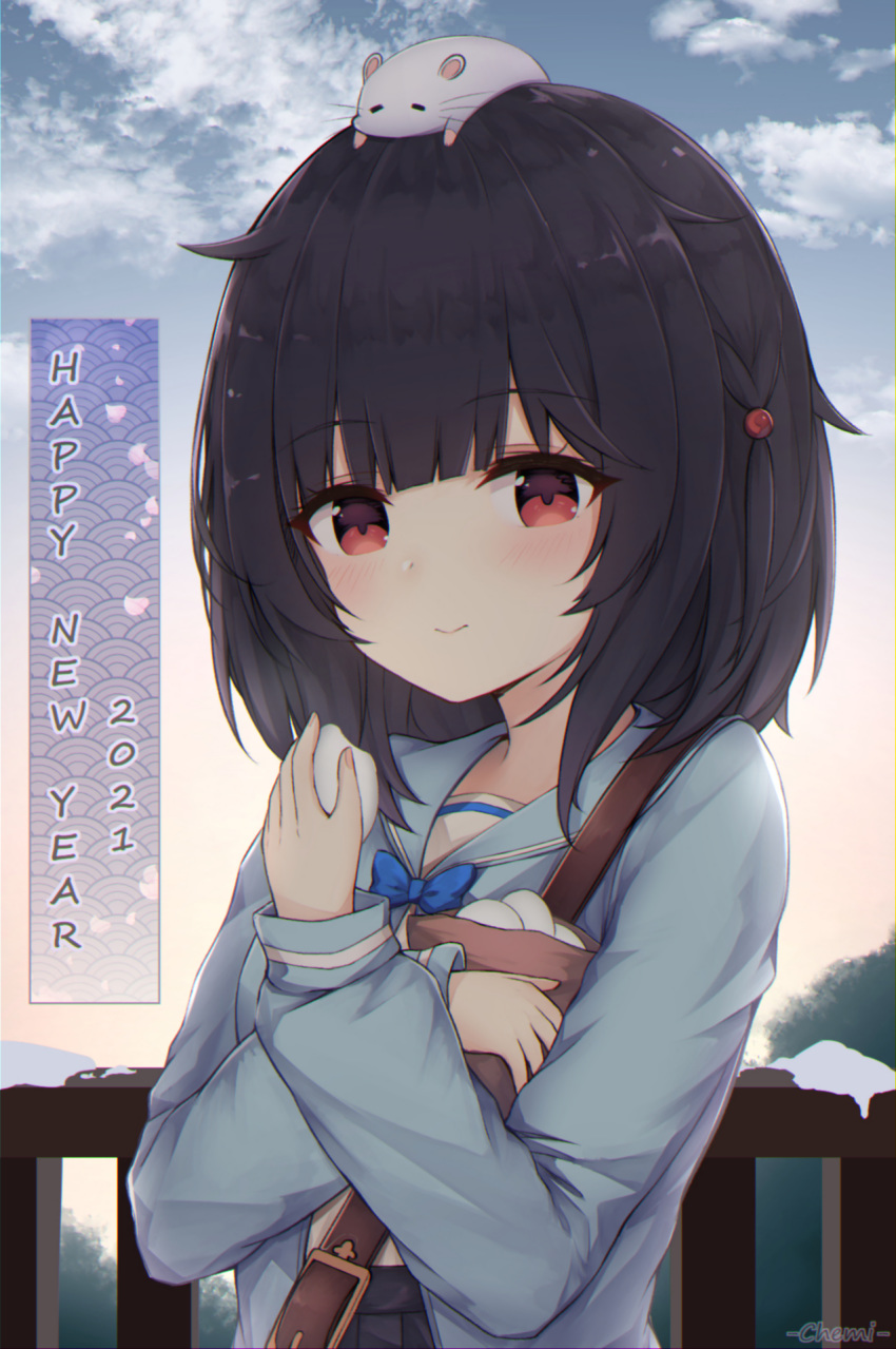 1girl 2021 animal_on_head bangs black_hair black_skirt blue_jacket blue_neckwear blue_sailor_collar blue_sky bow bowtie closed_mouth cloud commentary day english_commentary eyebrows_visible_through_hair fence food granblue_fantasy happy_new_year highres holding holding_food jacket linez looking_at_viewer mochi mouse new_year on_head open_clothes open_jacket outdoors pleated_skirt red_eyes sailor_collar shirt skirt sky smile snow solo vikala_(granblue_fantasy) white_shirt