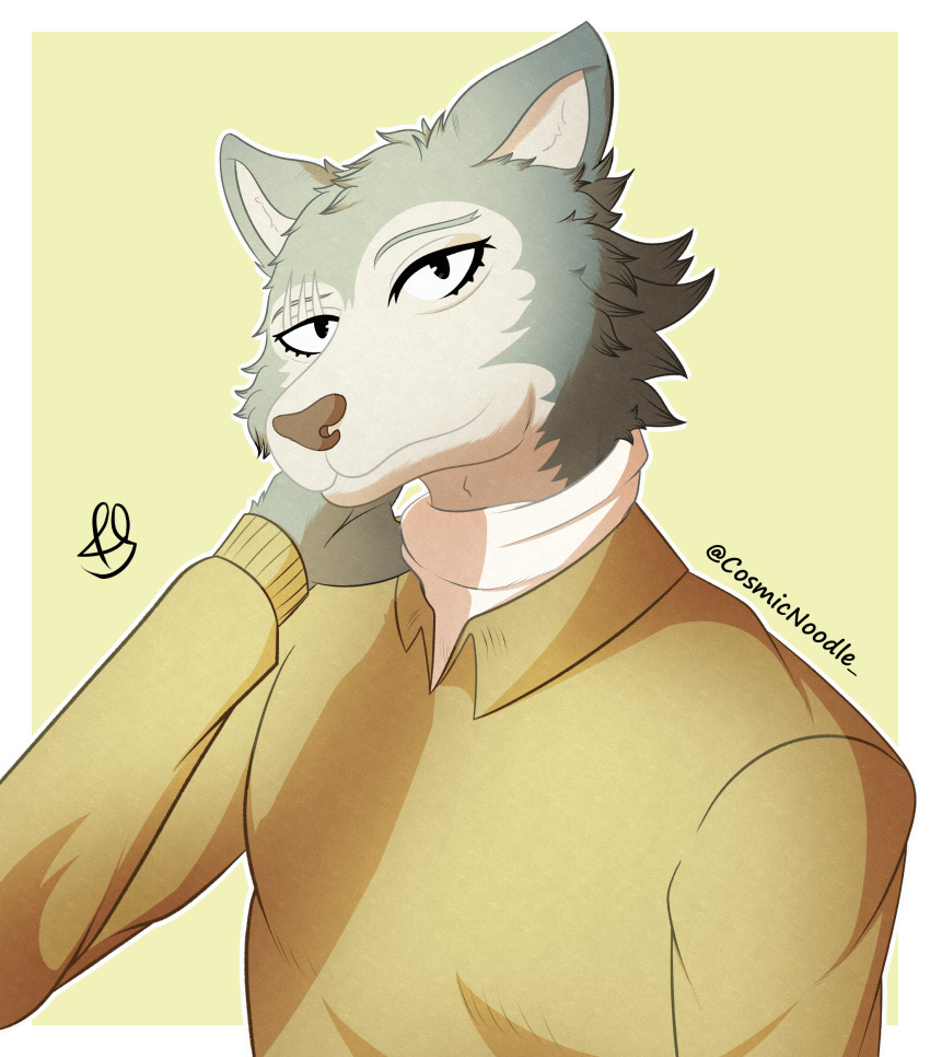 absurd_res anthro beastars canid canine canis clothed clothing cosmic_noodle fur grey_body grey_fur hi_res legoshi_(beastars) male mammal multicolored_body multicolored_fur portrait scar simple_background solo topwear wolf