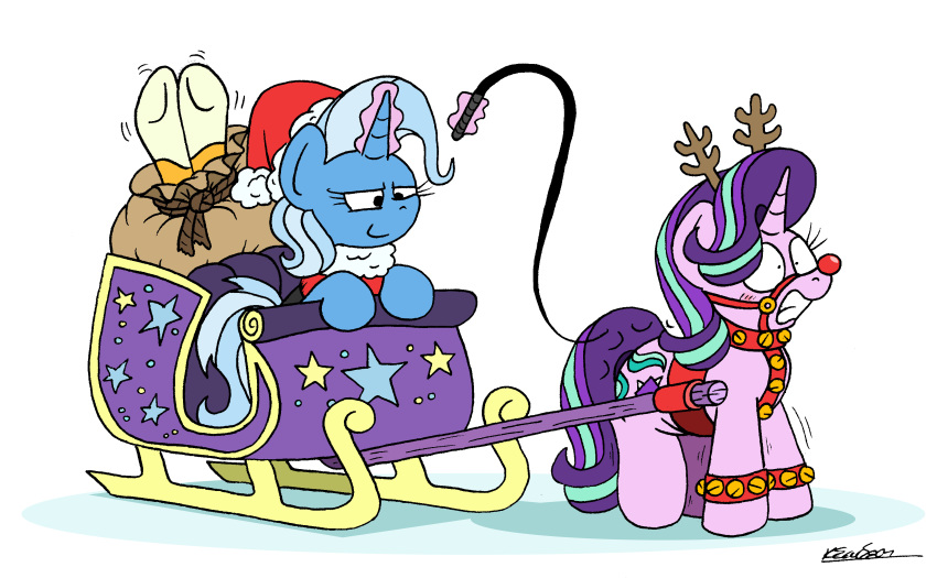 absurd_res bag bell blush bobthedalek christmas equid equine female friendship_is_magic hasbro hi_res holidays horn jingle_bell mammal my_little_pony red_nose sack sleigh starlight_glimmer_(mlp) trixie_(mlp) unicorn whip whipping