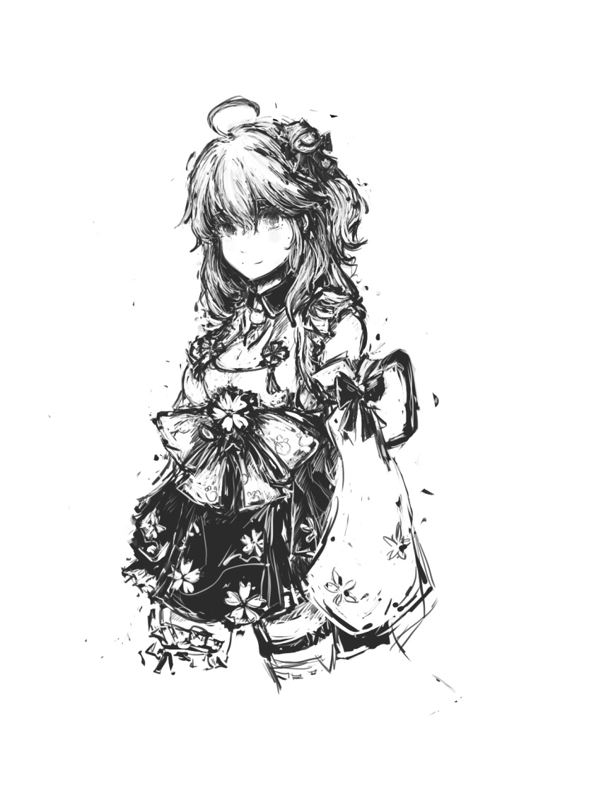 1girl ahoge bangs bell bow breasts cherry_blossom_print closed_mouth cowboy_shot detached_sleeves disconnected_mouth eyebrows_visible_through_hair floral_print frills hair_bell hair_between_eyes hair_ornament highres hololive legs_apart long_sleeves medium_breasts medium_hair merpperoni monochrome one_side_up paw_print_pattern sakura_miko simple_background single_thighhigh sleeves_past_fingers sleeves_past_wrists smile solo thigh_strap thighhighs virtual_youtuber white_background