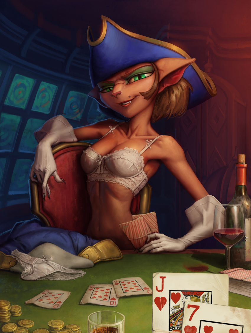 absurd_res alcohol animal_humanoid beverage bra breasts captain_amelia card card_game cat_humanoid chair claws clothing coin curvy_figure dartagnyan disney eyelashes fangs felid felid_humanoid feline feline_humanoid female furniture gambling gaming gloves green_eyes handwear hat headgear headwear hi_res hourglass_figure humanoid humanoid_pointy_ears lipstick looking_at_viewer makeup mammal mammal_humanoid mole_(marking) money navel office_chair panties playing_card poker poker_table science_fiction seductive sitting small_waist smile steampunk strip_poker teeth treasure_map treasure_planet underwear undressing uniform victorian white_clothing white_gloves window wine wine_bottle