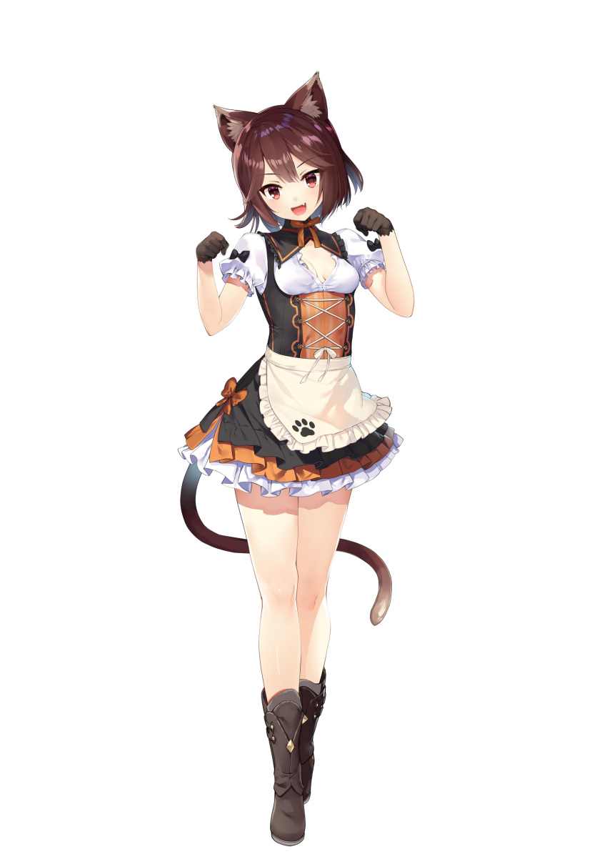 1girl absurdres animal_ear_fluff animal_ears apron bangs black_gloves boots breasts brown_hair cat_ears cat_girl cat_tail cleavage daisy_(isekai_sakaba_no_sextet) fang full_body gloves highres isekai_sakaba_no_sextet layered_skirt looking_at_viewer official_art paw_pose paw_print red_eyes short_hair short_sleeves simple_background skirt small_breasts solo standing tail underbust w_arms waist_apron white_background
