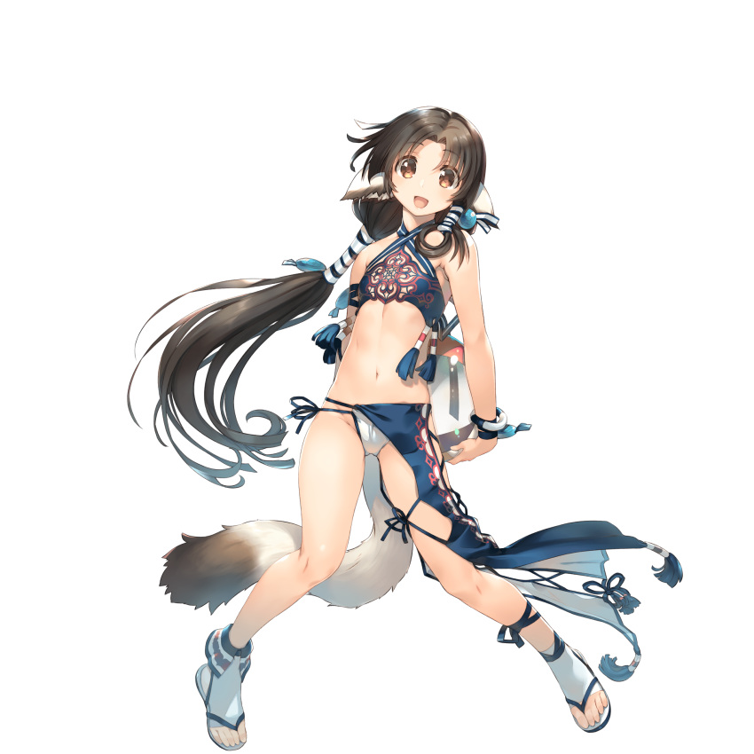 1girl amazuyu_tatsuki animal_ears ball bangs beachball behind_back bikini bracelet brown_hair full_body highres holding holding_ball jewelry leg_ribbon long_hair looking_at_viewer low_ponytail navel official_art open_mouth ribbon rurutie_(utawareru_mono) sandals side-tie_bikini solo swimsuit tail transparent_background utawareru_mono utawareru_mono:_lost_frag very_long_hair