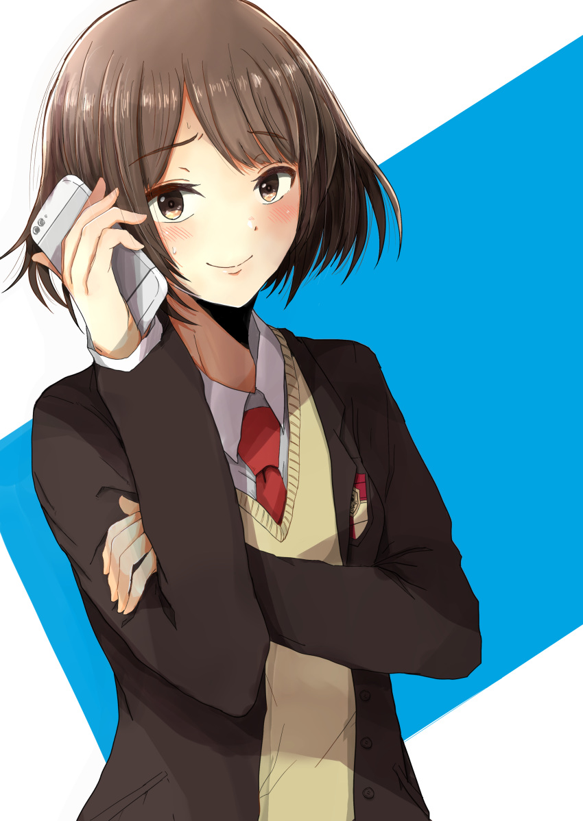 1girl absurdres bangs blazer blue_background blush brown_eyes brown_hair brown_jacket buttons cardigan cellphone closed_mouth collared_shirt commentary eyebrows_visible_through_hair hand_up highres holding holding_phone jacket long_sleeves looking_at_viewer mebunryo_(mebunryo2) necktie open_clothes open_jacket phone red_neckwear sasaki_(suzumiya_haruhi) school_uniform shirt short_hair smartphone smile solo suzumiya_haruhi_no_yuuutsu sweat two-tone_background upper_body white_background white_shirt yellow_cardigan