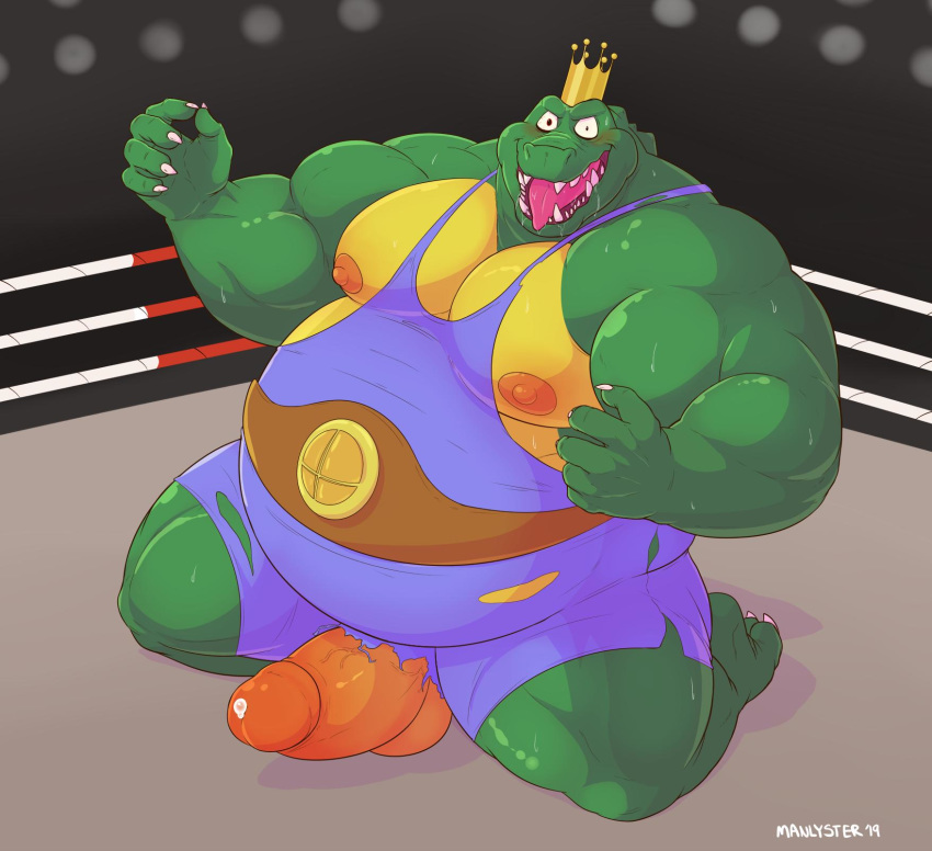 anthro balls belly belt bent_legs big_arms big_belly chubby_male claws crocodilian crown donkey_kong_(series) fighting_ring genitals green_body hi_res humanoid_genitalia humanoid_hands humanoid_penis king_k._rool male manlyster moobs nintendo nipples one_piece_suit open_mouth overweight overweight_anthro overweight_male penis reptile scalie solo super_smash_bros. thick_arms thick_thighs tongue tongue_out video_games wrestling_belt wrestling_outfit