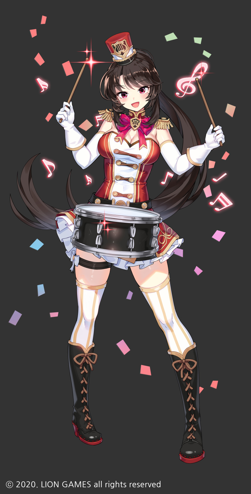1girl :d absurdres arm_warmers armpit_crease bare_shoulders belt black_footwear black_hair boots bow bowtie breasts cleavage detached_collar drum drumsticks epaulettes floating_hair full_body gloves gold_trim hat highres holding instrument iris_yuma knee_boots large_breasts lim_jaejin long_hair looking_at_viewer miniskirt open_mouth ponytail red_eyes red_headwear red_shirt red_skirt shirt skirt sleeveless sleeveless_shirt smile solo soul_worker standing strapless_shirt thigh_strap thighhighs thighs very_long_hair white_gloves white_legwear zettai_ryouiki