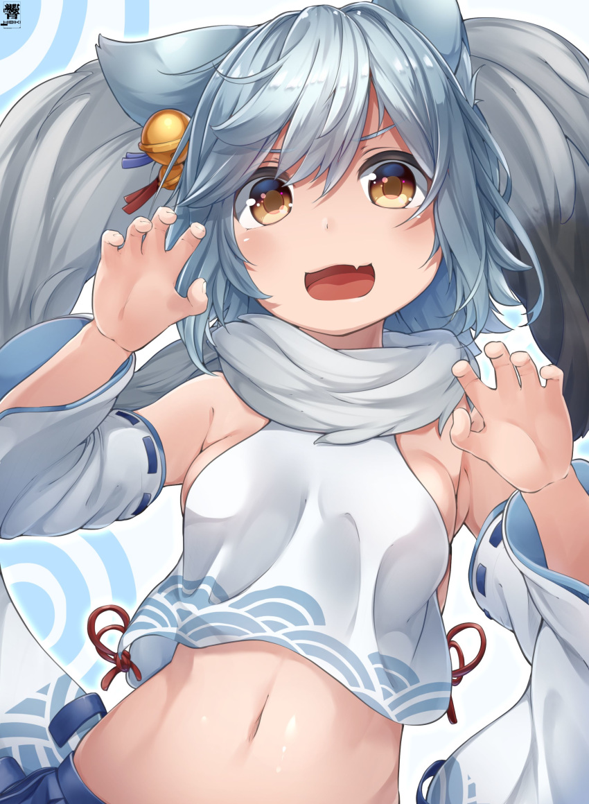 1girl absurdres animal_ears artist_name azur_lane bell commentary_request crop_top detached_sleeves fang fox_ears fox_tail fubuki_(azur_lane) hibiki_zerocodo highres jingle_bell light_blue_hair looking_at_viewer short_hair skin_fang solo tail upper_body wide_sleeves