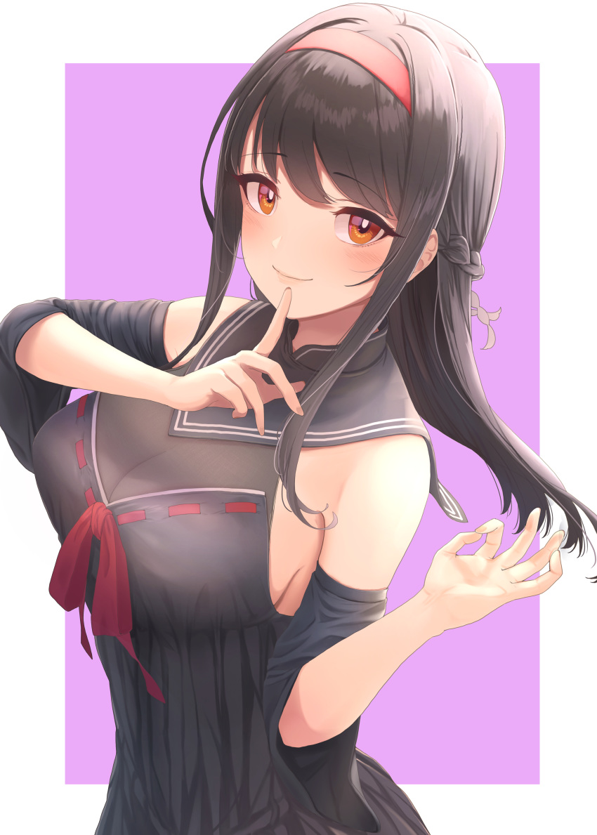 1girl absurdres bangs bare_shoulders black_dress black_hair blush border braid breasts brown_eyes character_request cleavage closed_mouth commentary_request copyright_request detached_sleeves dress finger_to_mouth hairband highres index_finger_raised kuyukian3 large_breasts long_hair looking_at_viewer ok_sign purple_background red_hairband red_ribbon ribbon ribbon-trimmed_clothes ribbon_trim see-through sidelocks simple_background smile solo swept_bangs upper_body white_border
