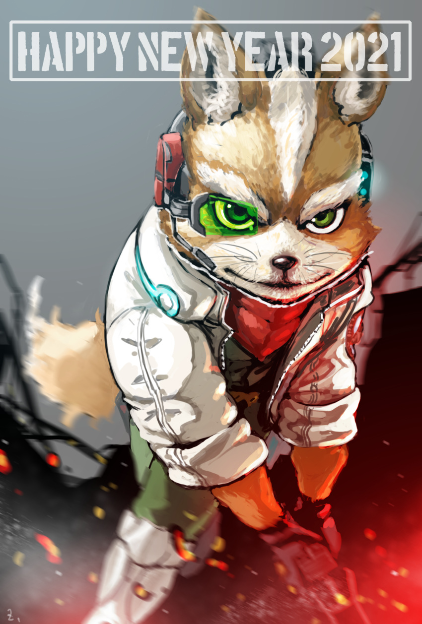 2021 anthro boots canid canine clothing english_text footwear fox fox_mccloud fur gloves green_eyes handwear hi_res jacket male mammal nintendo scarf smile solo star_fox text topwear video_games whiskers zettdot