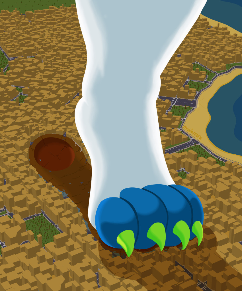 4_toes absurd_res ambiguous_gender ambiguous_species anthro biped blue_body blue_fur building claws clothed clothing crush dax detailed_background feet foot_fetish foot_play foot_shot footprint fur hi_res landscape legwear macro mudamura partially_clothed paws solo stomping street thigh_highs three-quarter_view toes trampling