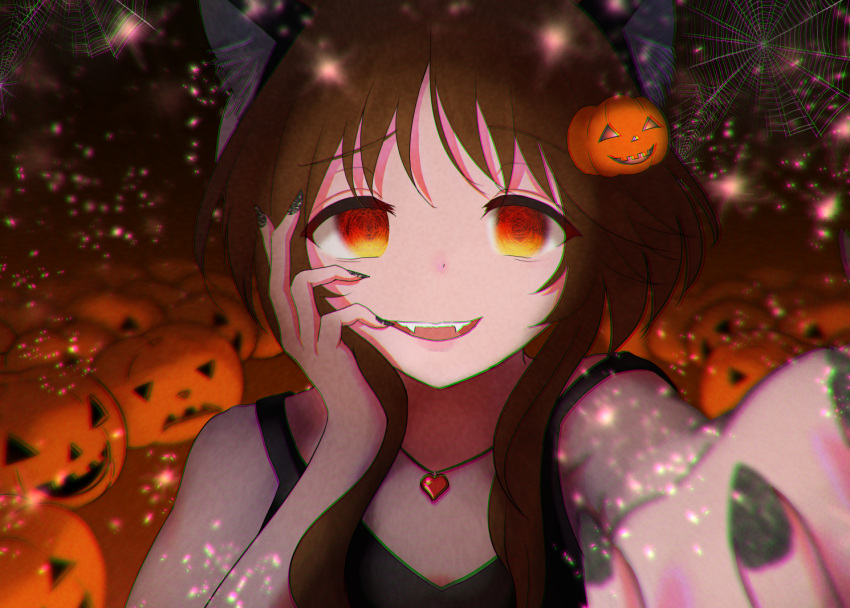 1girl animal_ears asymmetrical_eyebrows black_clothes brown_hair cat_ears empty_eyes fangs food-themed_hair_ornament foreshortening hair_ornament hand_on_own_cheek hand_on_own_face idolmaster idolmaster_cinderella_girls jack-o'-lantern jewelry katomya light_smile multicolored_eyes nail_polish necklace pumpkin pumpkin_hair_ornament reaching_out ringed_eyes silk solo sparkle spider_web takamori_aiko upper_body