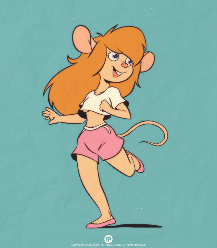 2009 2021 absurd_res anthro blonde_hair bottomwear breasts buckteeth chip_'n_dale_rescue_rangers clothing crop_top disney english_text female fox-pop gadget_hackwrench hair hi_res mammal midriff mouse murid murine navel open_mouth rodent shirt shorts solo teeth text topwear under_boob