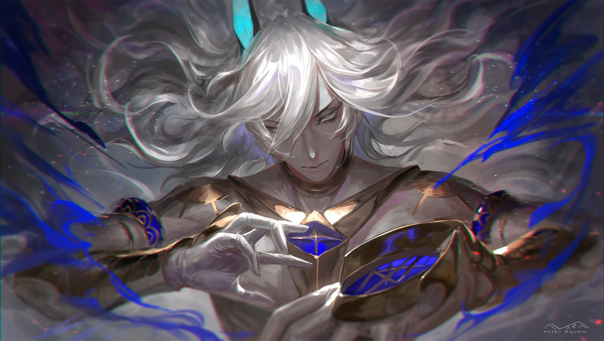 1boy arjuna_(fate/grand_order) arjuna_alter egawa_akira expressionless fate/grand_order fate_(series) gloves grey_eyes highres jewelry looking_at_viewer pale_skin solo_focus upper_body white_gloves white_hair